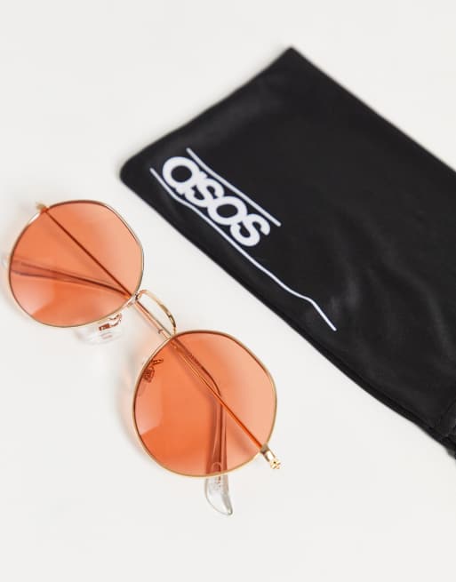 ASOS DESIGN - Occhiali da sole rotondi esagonali con lenti corallo, 4 di 4