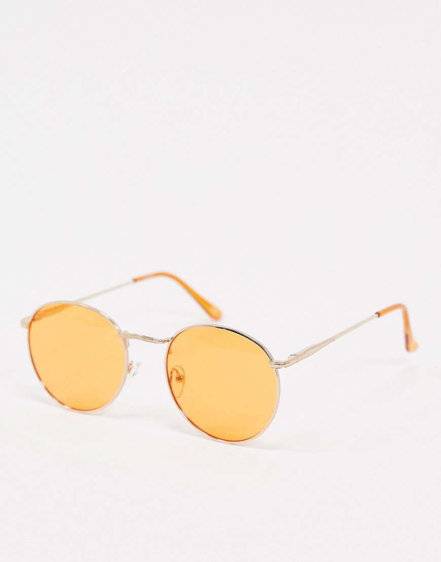 ASOS DESIGN - Occhiali da sole rotondi festival anni '70 in metallo oro con lenti arancioni-Arancione
