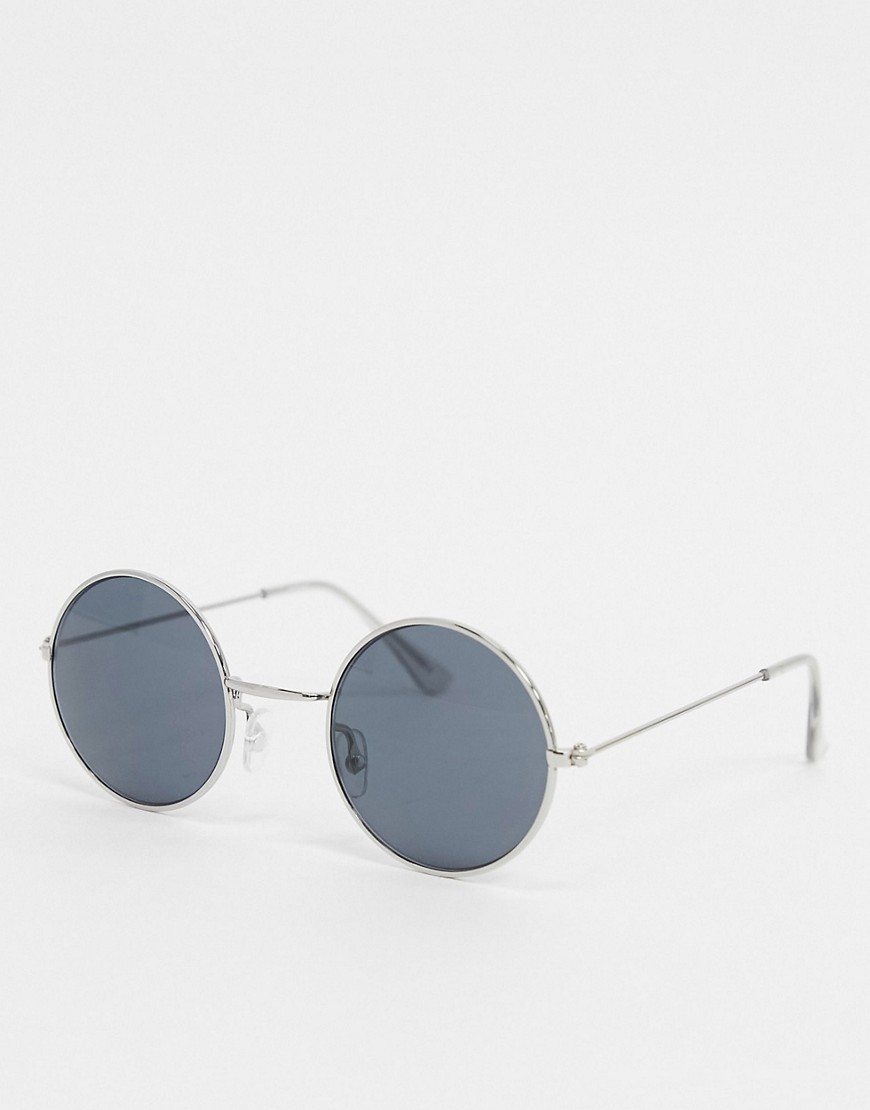 ASOS DESIGN - Occhiali da sole rotondi in metallo argento con lenti blu navy