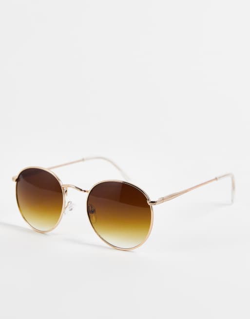 ASOS DESIGN - Occhiali da sole rotondi in metallo con lenti marroni, colore oro 