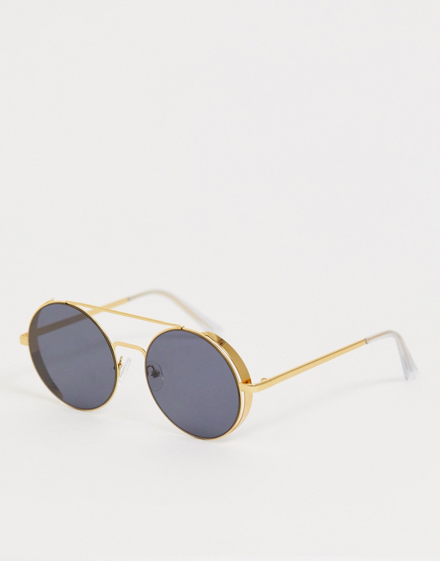 ASOS DESIGN - Occhiali da sole rotondi oro con barretta, rivestimenti laterali e lenti fumé