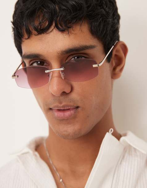 ASOS DESIGN - Occhiali da sole rotondi senza bordo con stanghette argento e lenti viola sfumate - view 1