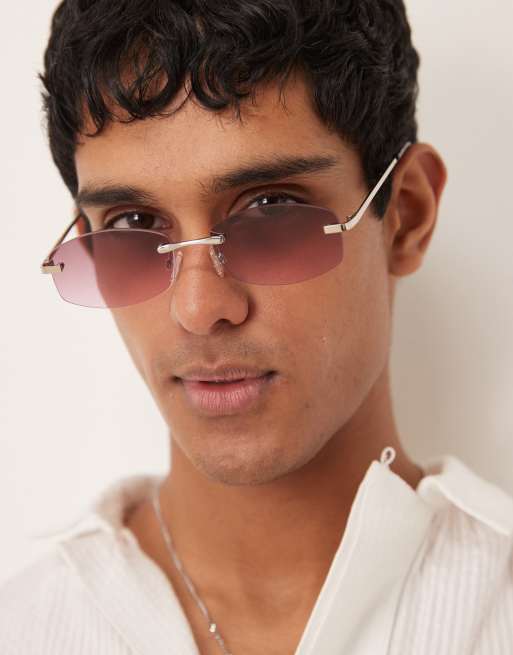 ASOS DESIGN - Occhiali da sole rotondi senza bordo con stanghette argento e lenti viola sfumate