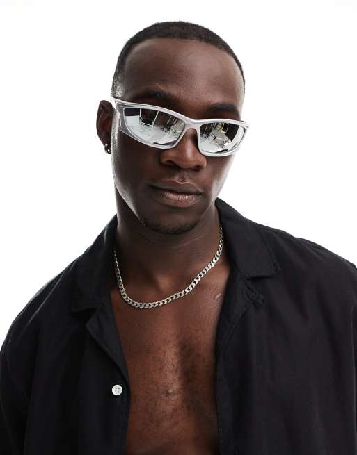 ASOS DESIGN - Occhiali da sole sportivi argento con dettaglio 