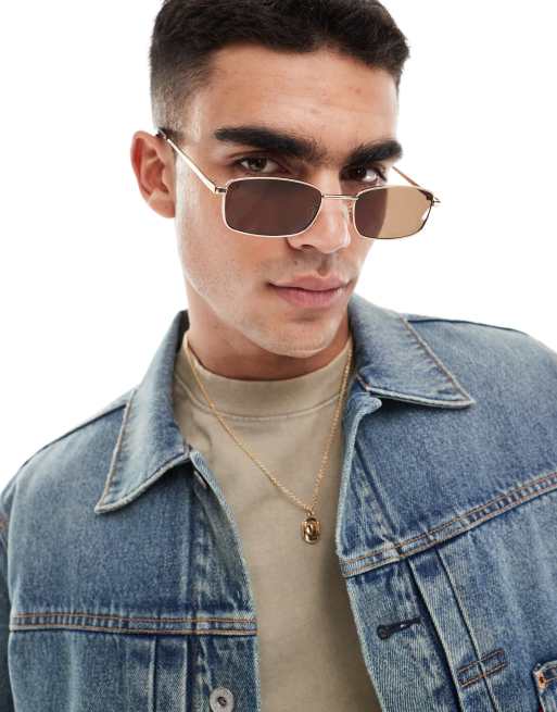 ASOS DESIGN - Occhiali da sole squadrati in metallo oro con lenti marroni