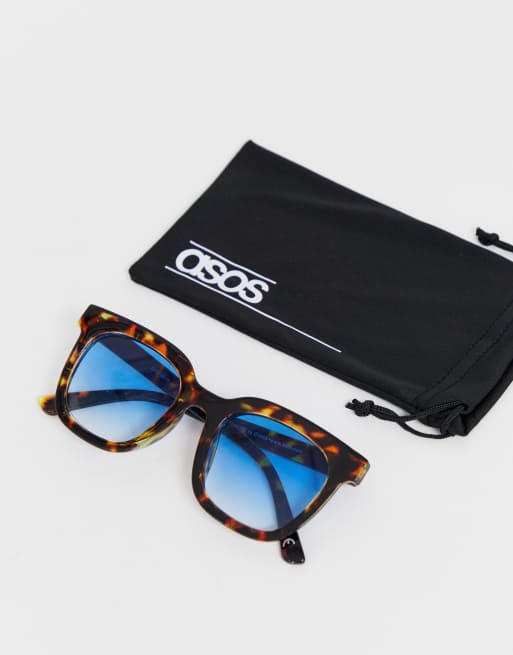 ASOS DESIGN - Occhiali da sole squadrati in plastica tartarugati con lenti  sfumate blu