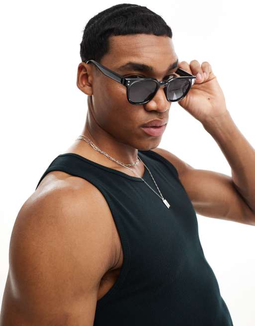 ASOS DESIGN Occhiali da sole squadrati neri con dettagli argento ASOS