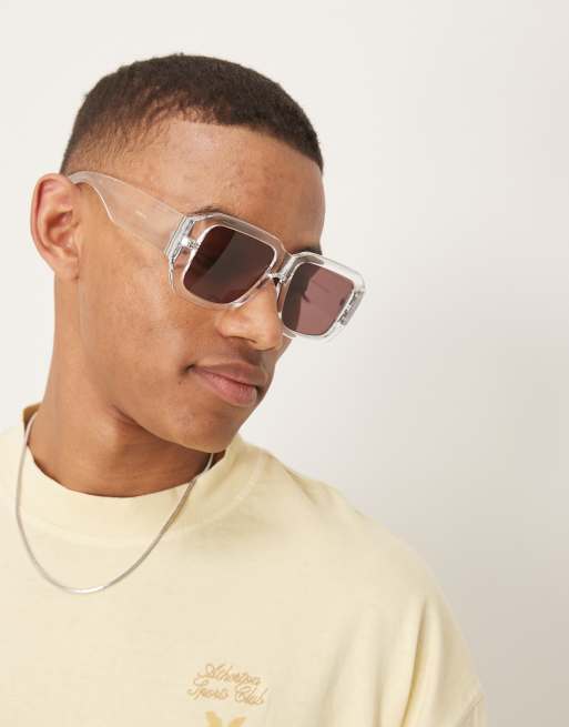 ASOS DESIGN - Occhiali da sole squadrati spessi con montatura trasparente e lenti bordeaux