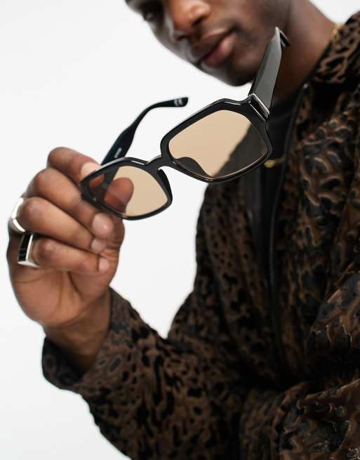 ASOS DESIGN - Occhiali da sole squadrati stile anni '70 in plastica nera con lenti sfumate marroni, 4 di 4
