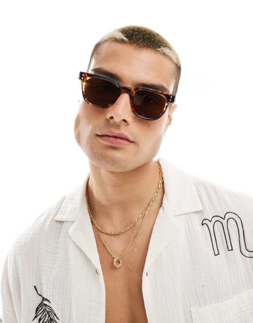 ASOS DESIGN - Occhiali da sole squadrati tartarugati con dettagli argento
