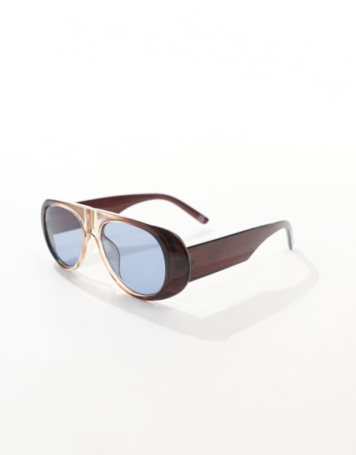 ASOS DESIGN - Occhiali da sole stile aviatore con montatura marrone sfumata e lenti blu  , 3 di 3