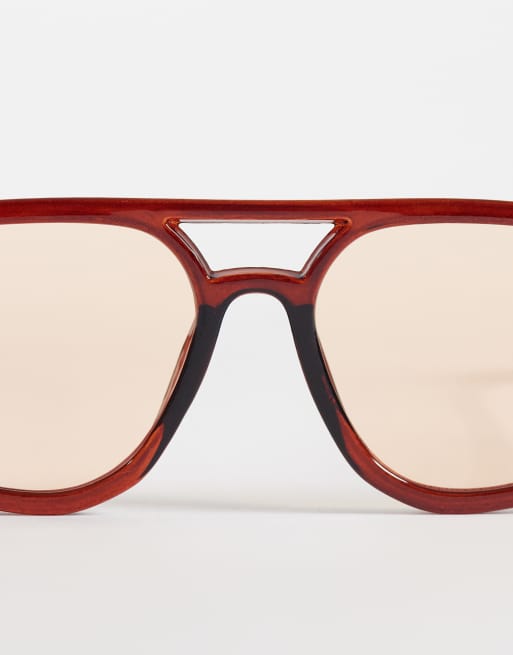 ASOS DESIGN - Occhiali da sole stile aviatore squadrati marrone trasparente con lenti giallo chiaro, 2 di 3