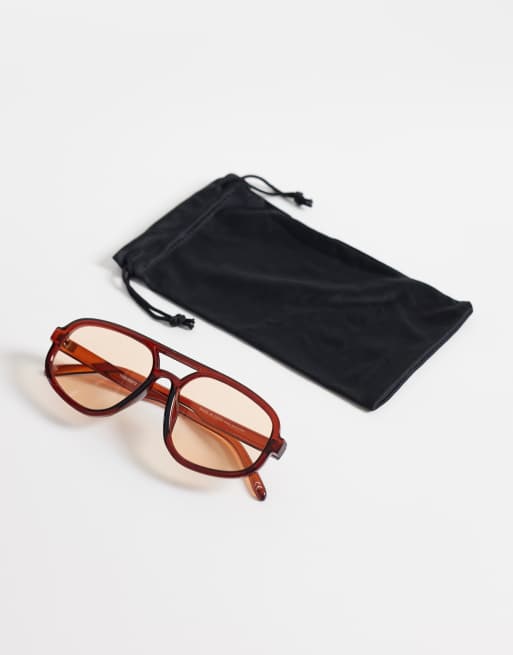 ASOS DESIGN - Occhiali da sole stile aviatore squadrati marrone trasparente con lenti giallo chiaro, 3 di 3