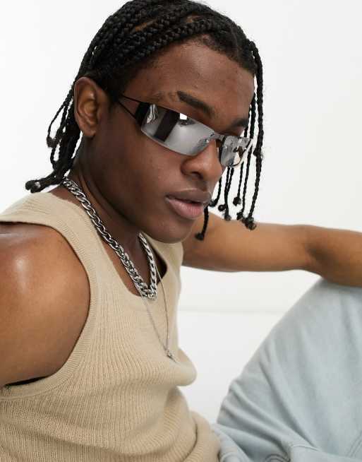 ASOS DESIGN - Occhiali da sole stile racer in metallo color canna di fucile con lenti trasparenti fumé