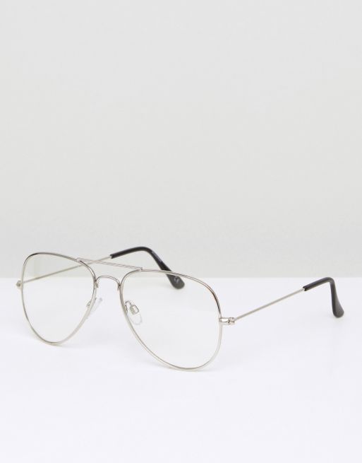 ASOS DESIGN - Occhiali di tendenza modello aviatore in metallo argento con lenti trasparenti