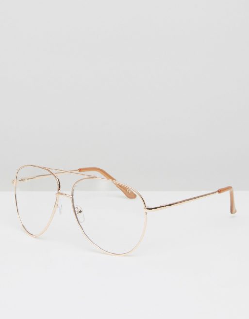 ASOS DESIGN - Occhiali modello aviatore stile nerd in metallo oro rosa con barretta e lenti trasparenti