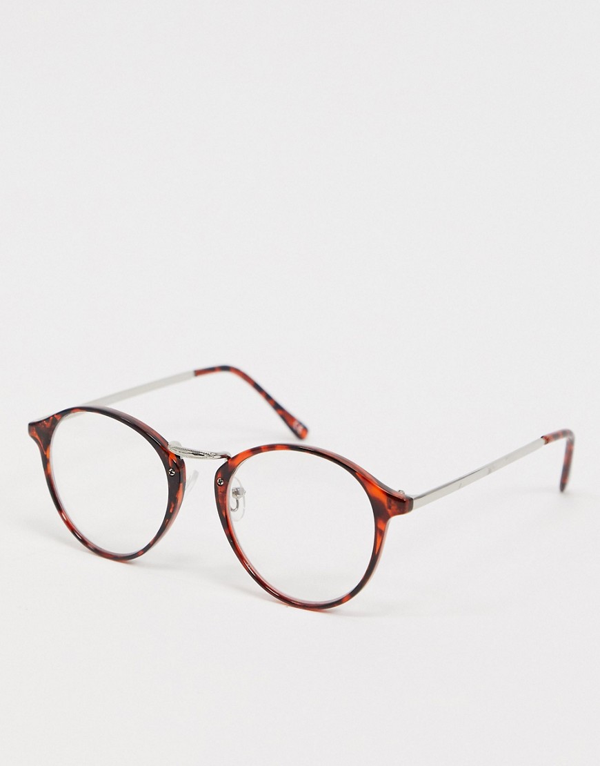 ASOS DESIGN - Occhiali tondi fashion ambra tartarugato con lenti trasparenti-Marrone