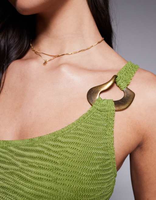 ASOS DESIGN Oceana asymmetric one shoulder crop bikini top with molten hardware detail  in green, 2 of 4