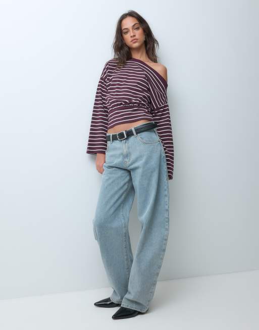 ASOS DESIGN odsłonięte ramiona, dopasowana w talii, długi rękaw w bordowe paski, 3 z 5