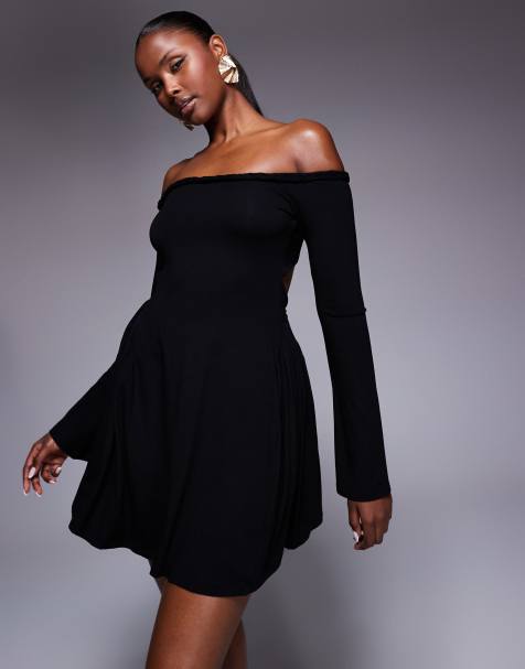 ASOS DESIGN off shoulder angel sleeve skater mini dress with chunky twist in black - view 1