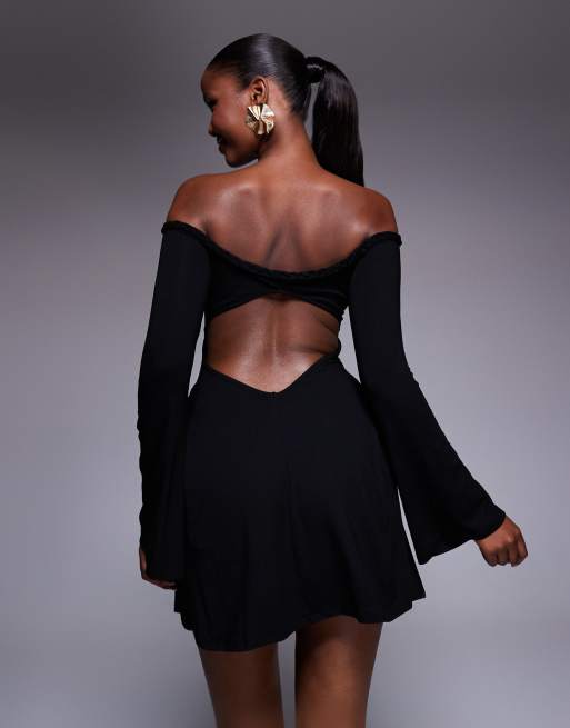ASOS DESIGN off-shoulder angel sleeve skater mini dress with chunky twist in black