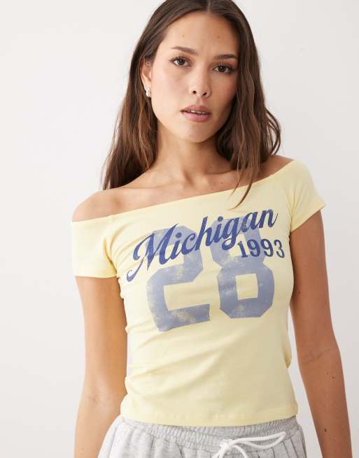 ASOS DESIGN off shoulder baby tee with Michigan graphic in buttermilk, 3 of 4