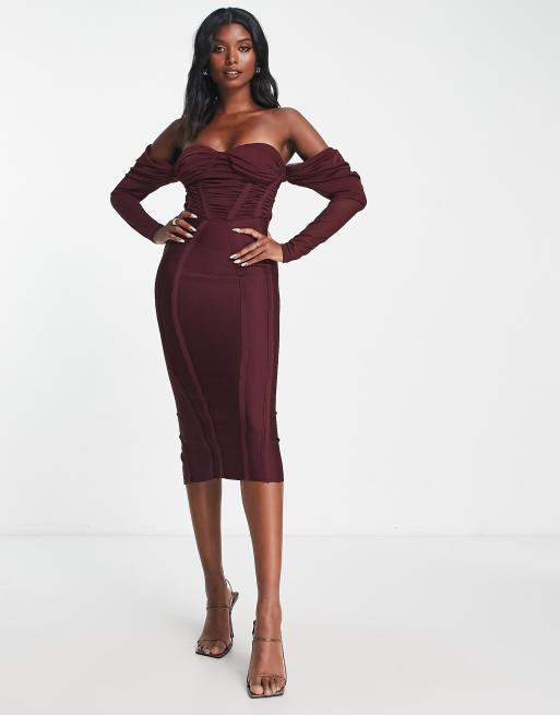 Burgundy off the hot sale shoulder long sleeve dress