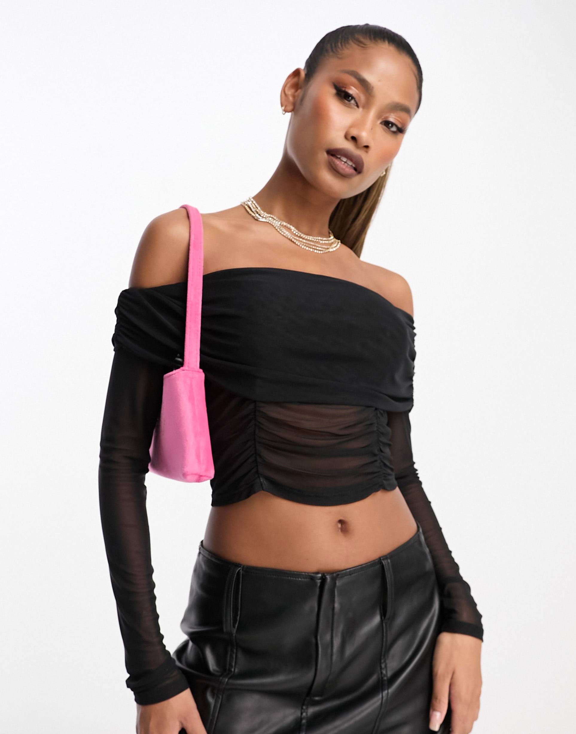 asos design off shoulder bardot mesh top in black