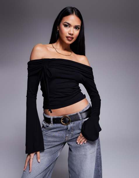 ASOS DESIGN off shoulder bardot top with flared sleeves in black - view 1