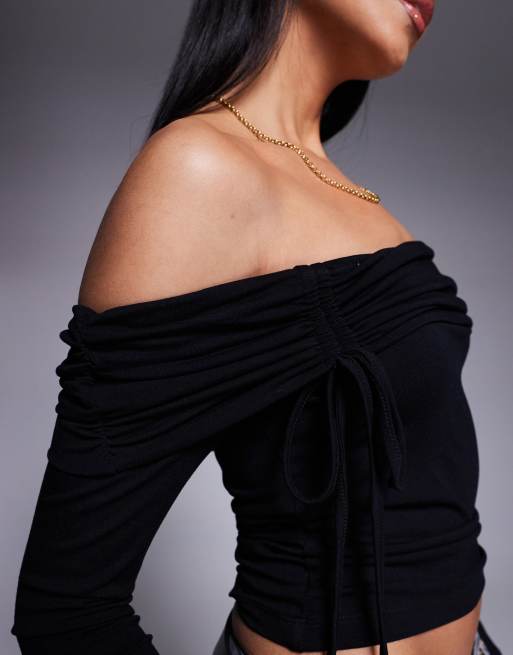 ASOS DESIGN off shoulder bardot top with flared sleeves in black