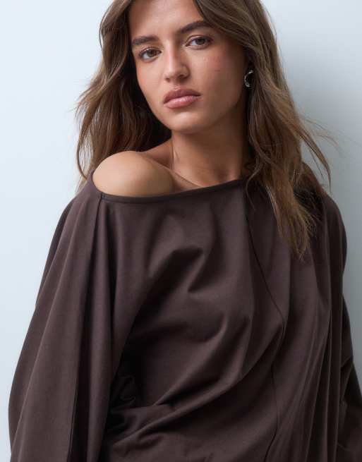 ASOS DESIGN off shoulder batwing mini dress in chocolate, 3 of 4