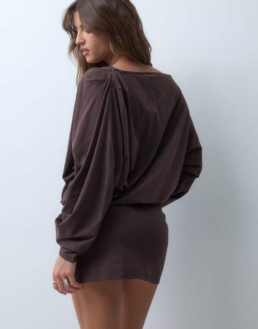 ASOS DESIGN off shoulder batwing mini dress in chocolate, 4 of 4