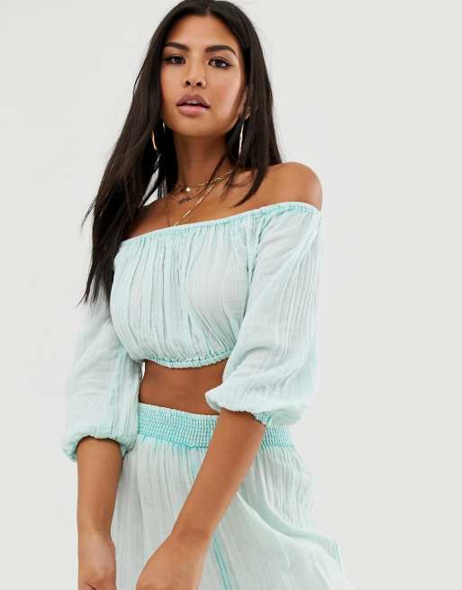 ASOS DESIGN off shoulder beach crop top in mint crinkle twopiece ASOS
