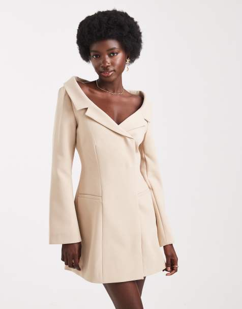 ASOS DESIGN off-shoulder blazer dress in camel - view 1