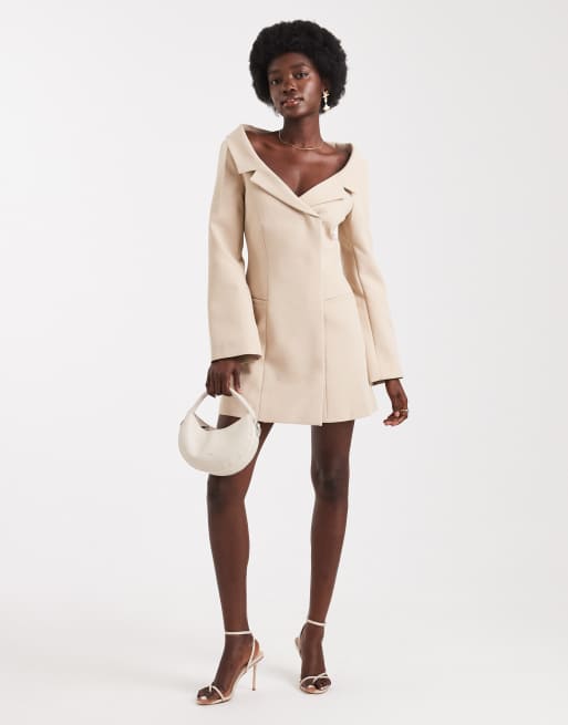 ASOS DESIGN off-shoulder blazer dress in camel
