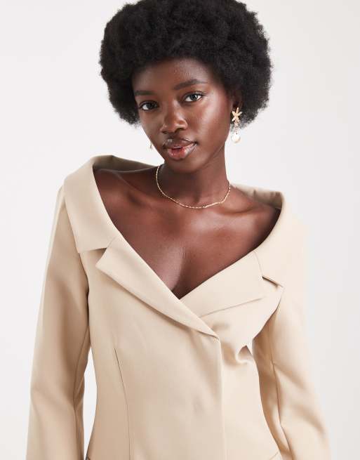 ASOS DESIGN off-shoulder blazer dress in camel