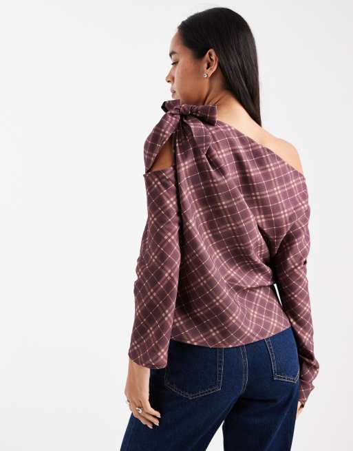 ASOS DESIGN off-shoulder blouse in check, 3 of 4