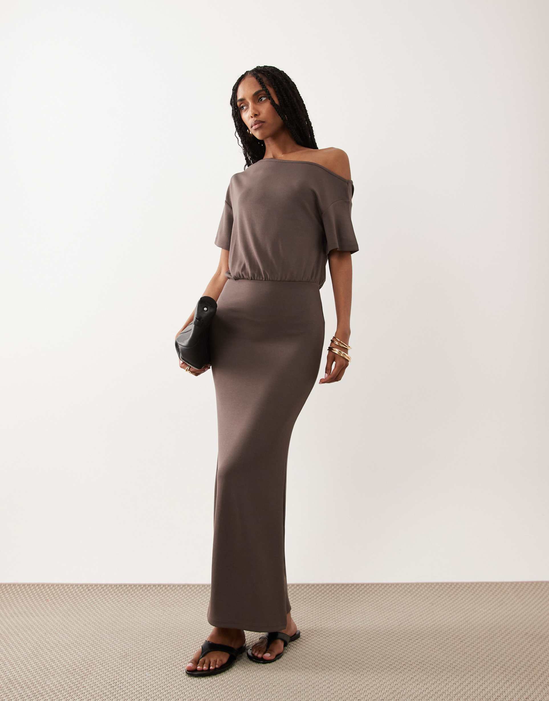 asos design off shoulder blouson midi dress in chocolate