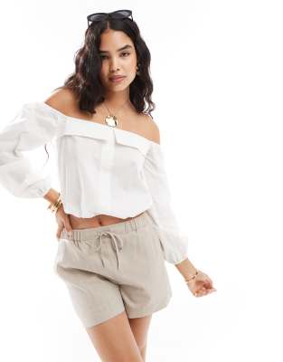 Asos Design Off Shoulder Blouson Sleeve Top In Cream-white