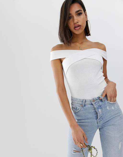 ASOS DESIGN off shoulder body with wrap front and short sleeve in white ...