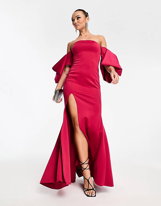 ASOS DESIGN off shoulder bodycon premium maxi dress with exaggerated sleeves in deep pink | ASOS