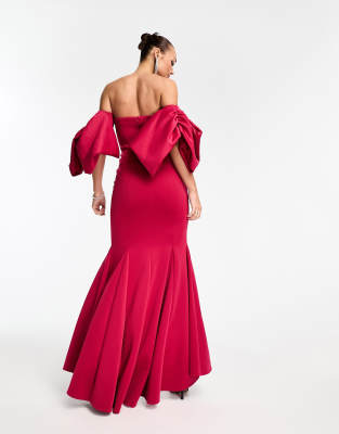 ASOS DESIGN off shoulder bodycon premium maxi dress with exaggerated  sleeves in deep pink | ASOS