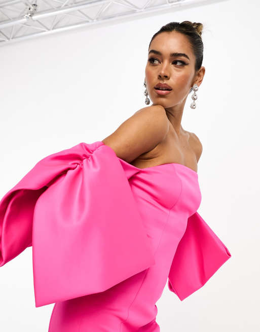 ASOS DESIGN off shoulder bodycon premium maxi dress with exaggerated sleeves in hot pink