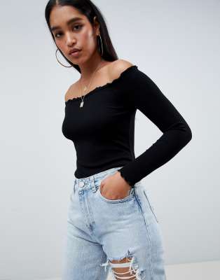 ASOS DESIGN off shoulder bodysuit with long sleeves and lettucing | ASOS