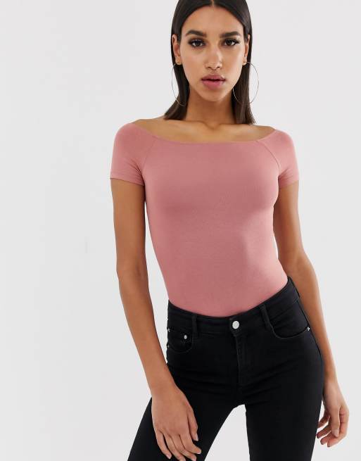 Asos Design Off Shoulder Bodysuit With Short Sleeve In Pink Asos 