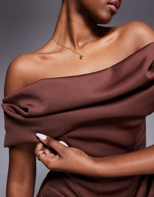 ASOS DESIGN off shoulder boned corset bodice mini dress in chocolate scuba-style fabric, 3 of 4