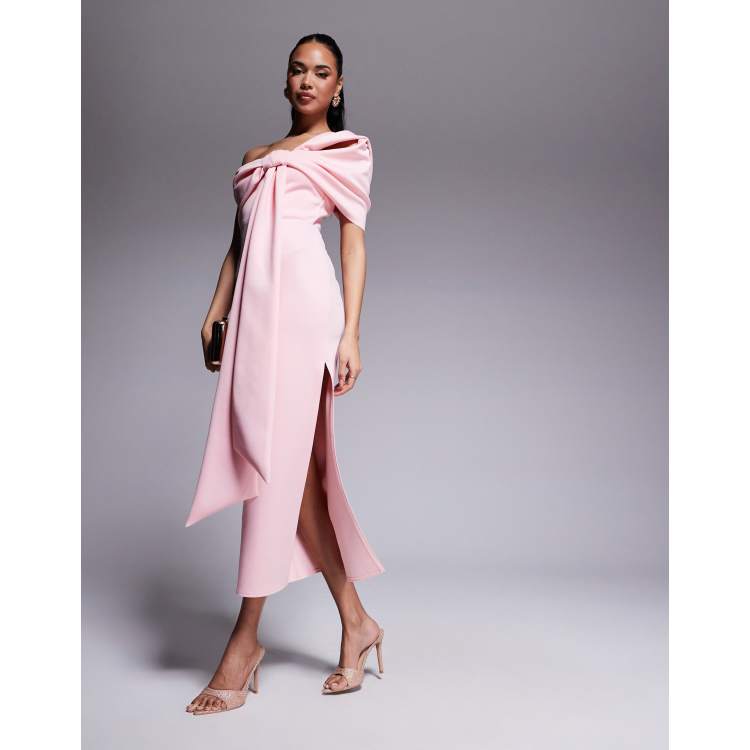 knee length dresses for ladies Rent Asos Design Off Shoulder Bardot Tuck Midi Dress In Satin Gold