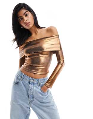 Asos Design Off Shoulder Bronze Foil Long Sleeve Top-brown