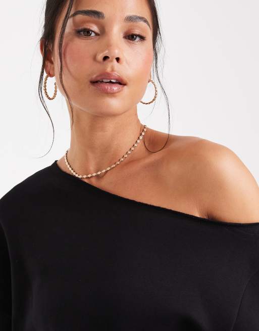ASOS DESIGN off the shoulder brushback sweatshirt in black