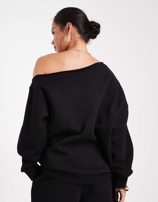 ASOS DESIGN off the shoulder brushback sweatshirt in black